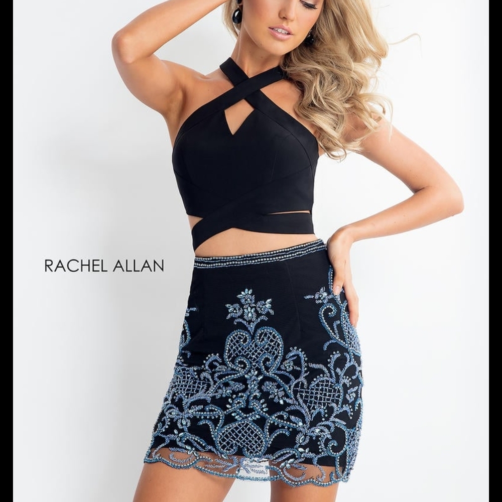 Rachel Allan Embellished Black and Blue Mini Skirt